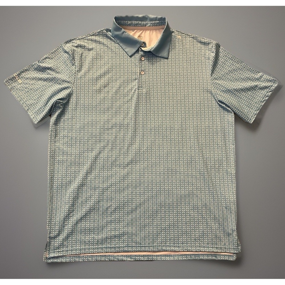 Scales Short Sleeve Golf Polo Shirt Geometric AOP Blue White Logo XL JBHS